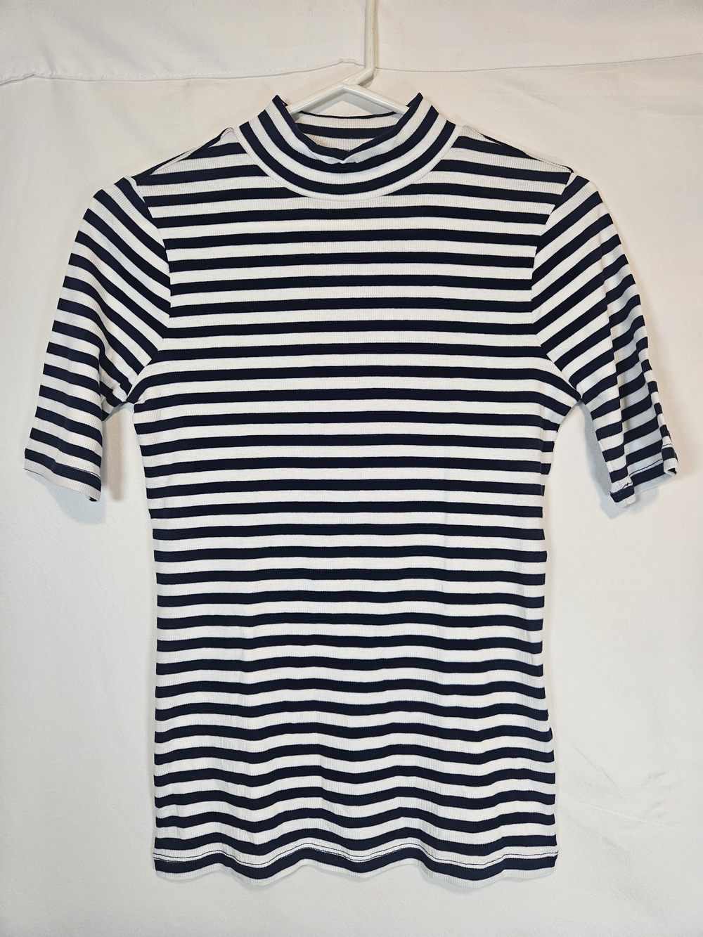 Madewell Navy & White Striped Mock Neck Short Sleeve Top